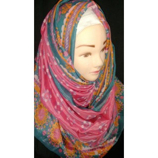  Pink Color multi printed Hijab - Silk Fabric