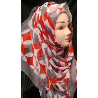 Grey colored Red printed hijab  -Chiffion Fabric