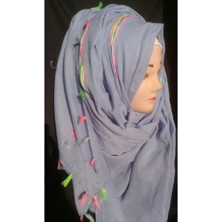 Blue colored hijab with neon strip and pom - Cotton Fabric