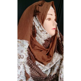 Brown blossom with pom pom hijab - Cotton Fabric