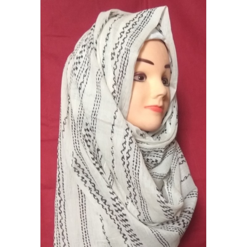 Hijab online- White Striped Printed Cotton Hijab at 