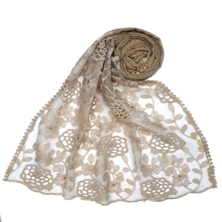 Designer Cotton Half Net Stole - Light Brown