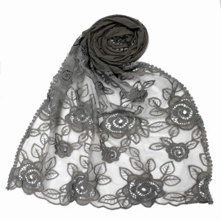 Designer Cotton half net Stole - Grey