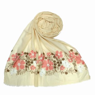 Designer flower printed cotton stole- Creamish White