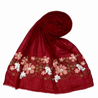 Floral embroidery cotton stole- Maroon