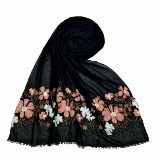 Floral embroidery cotton stole- Black