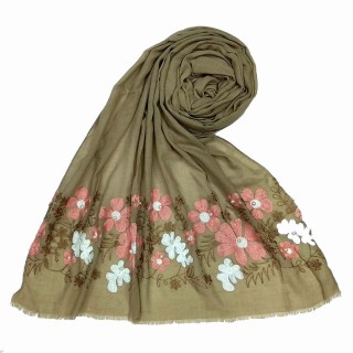 Floral embroidery cotton hijab- Brown