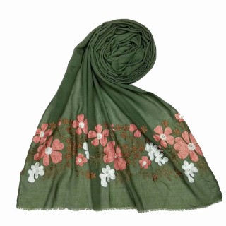 Floral embroidery cotton hijab- Green