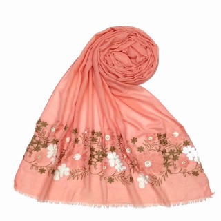 Floral embroidery cotton stole- Pink