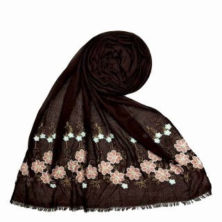 Flower printed embroidery cotton stole- Dark Brown