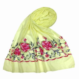 Flower printed embroidery cotton stole- Light-Yellow