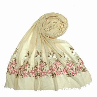Flower printed embroidery cotton stole- White