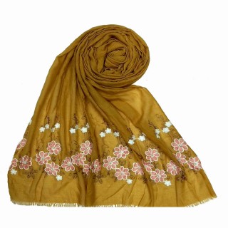 Flower printed embroidery cotton stole- Mustard-Yellow