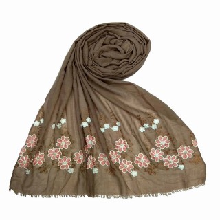 Flower printed embroidery cotton stole- Brown