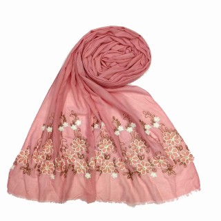Flower printed embroidery cotton stole- Pink