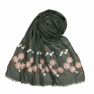 Flower printed embroidery cotton stole- Grey