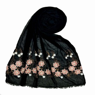 Flower printed embroidery cotton stole- Black