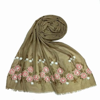 Flower printed embroidery cotton stole- Light Brown