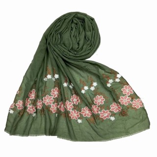 Flower printed embroidery cotton stole- Green