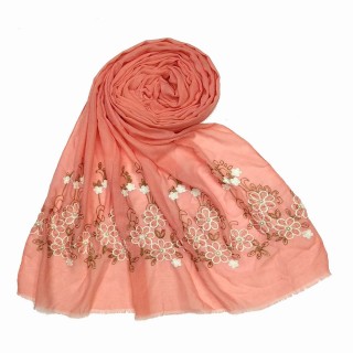 Flower printed embroidery cotton stole- Coral Pink