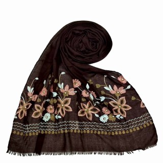 Flower printed embroidery cotton stole- Dark Brown