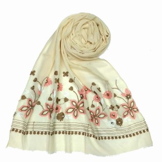 Flower printed embroidery cotton stole- Ivory White