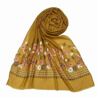 Flower printed embroidery cotton stole- Yellow