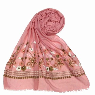 Flower printed embroidery cotton stole- Baby Pink