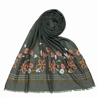 Flower printed embroidery cotton stole- Grey