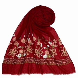 Flower printed embroidery cotton stole- Maroon