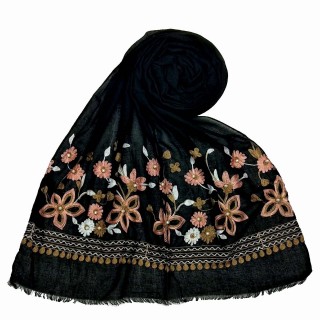 Flower printed embroidery cotton stole- Coal Black
