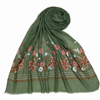 Flower printed embroidery cotton stole- Light Green