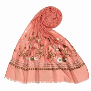 Flower printed embroidery cotton stole- Peach Pink