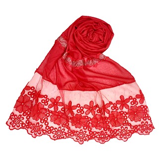 Designer Cotton Flower Bordered Stole - Red