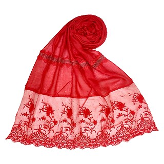 Designer Flower Bordered Cotton Stole - Red