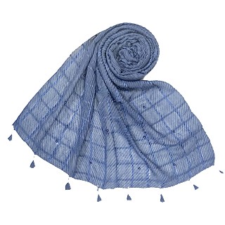 Cotton Box Checkered Fringe's Stole - Blue