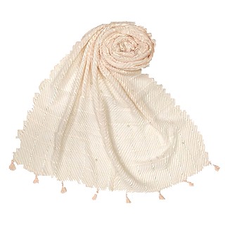 Cotton Box Checkered Fringe's Stole - Cream