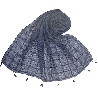 Cotton Box Checkered Fringe's Stole - Navy Blue