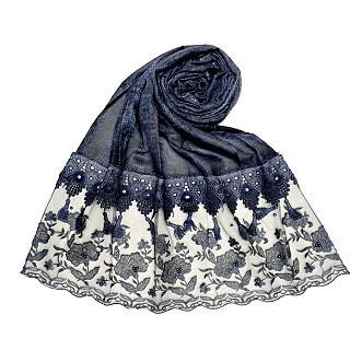 Premium cotton double bordered fringe's hijab - Dark Blue