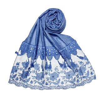 Premium cotton double bordered fringe's hijab - Blue