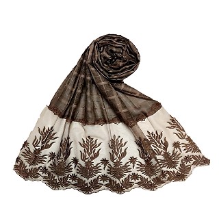 Designer square shaped with flowery net diamond hijab- Coffee brown