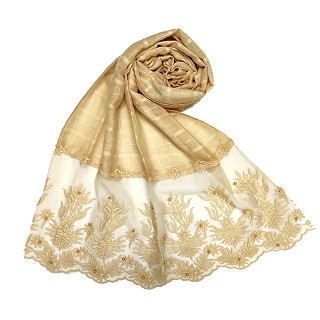 Designer square shaped with flowery net diamond hijab- Cream