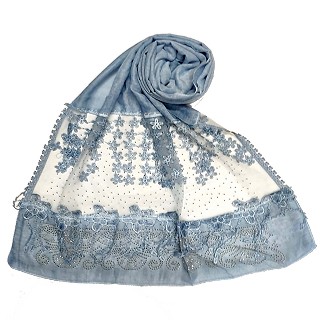 Designer diamond studded hijab with fringe's hijab- Light blue