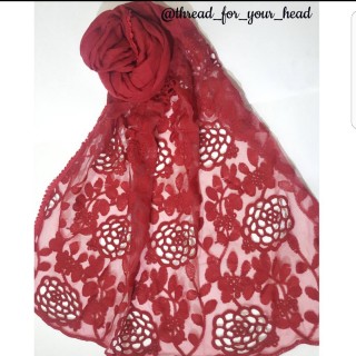 Cotton Lace Stole- Dark Red