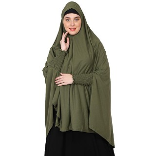 stretchable Jersey smoking at  sleeve prayer khimar Hijab - Olive