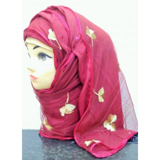Double layered hijab- Maroon color with embroidery work