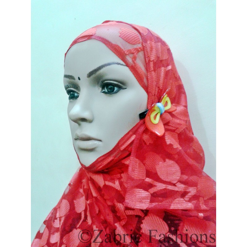 Hijab online- Buy Red Designer Net hijab with Cap Shiddat