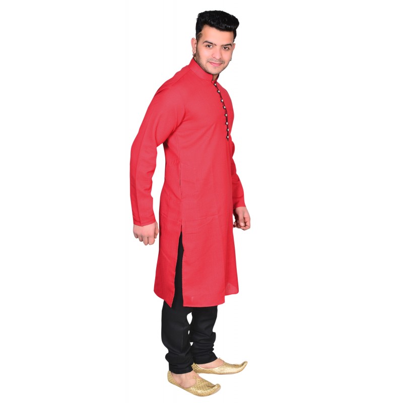 Readymade Men's Kurta Pyjama Red Kurta Slub Cotton Polyester Pajama main image 1