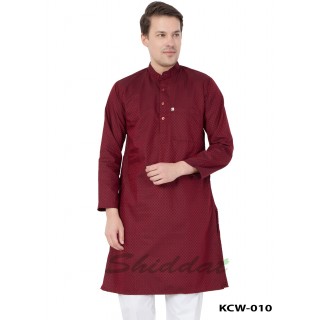 Cotton Dobby Printed Slim Fit Long Kurta- Red