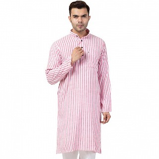 Striped Cotton Kurta for Men- Pink-White